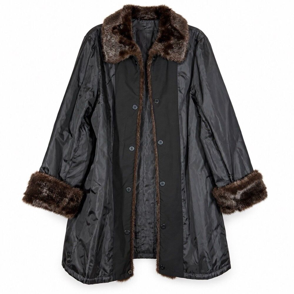 Donna Salyers Fabulous Furs Womens L Black Coat Faux Fur Trim Long Winter